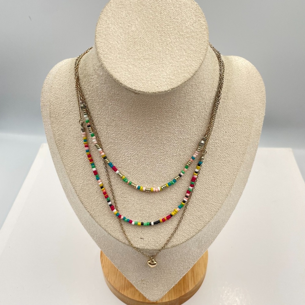 Vintage Boho Multi-Strand Layered Necklace Gold Tone Seed Bead Heart Pendant